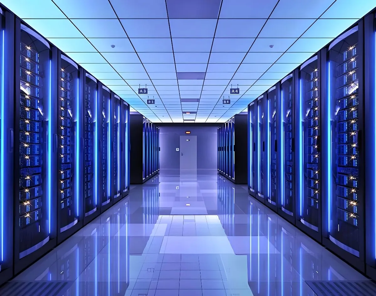 Data-center aisle lined with blue-lit server racks