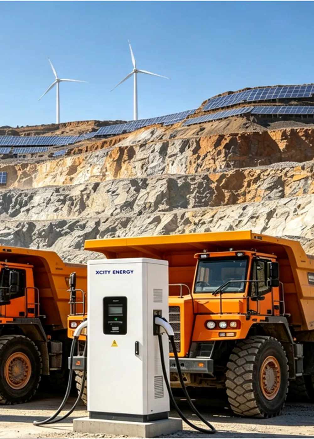 Electric haul trucks at an Xcity Energy charging station in an open-pit mine, with solar panels and wind turbines on the benches above