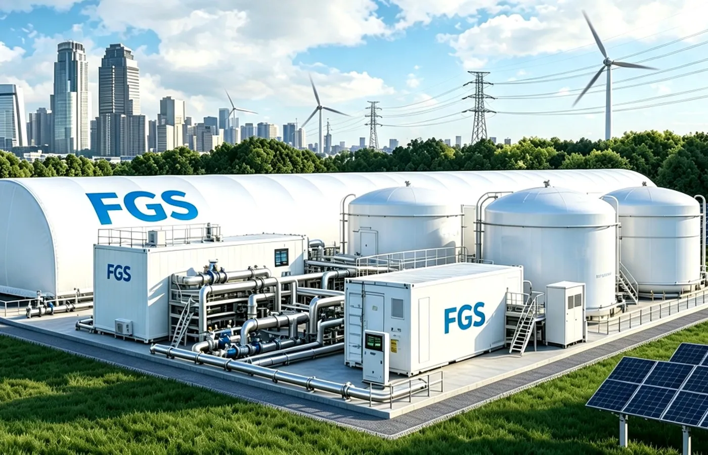 Rendering of an FGS plant — white modular containers, CO₂ storage tanks and piping skids, with wind turbines, solar panels and a city skyline behind
